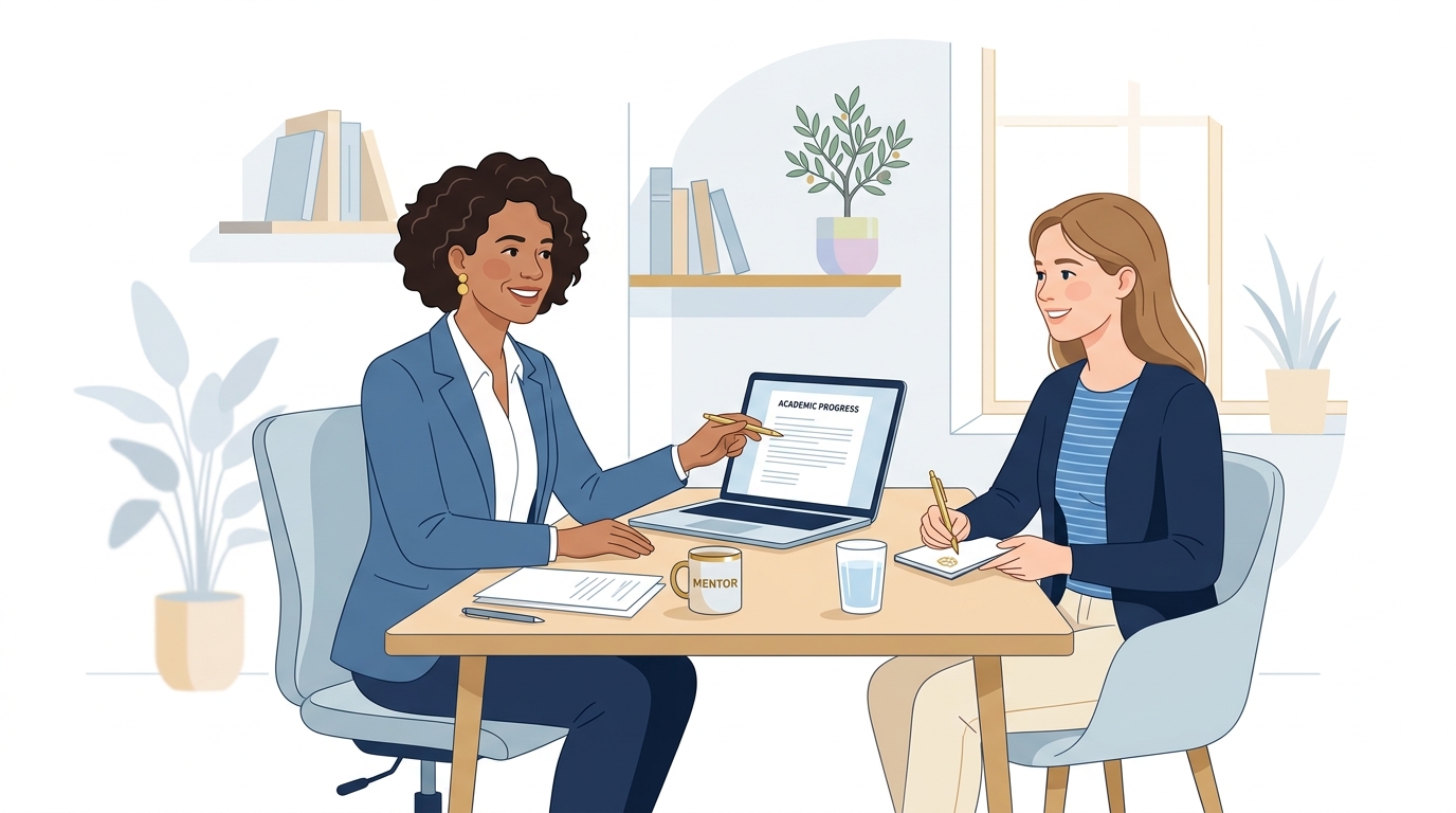 Academic mentor advising a student in a modern workspace